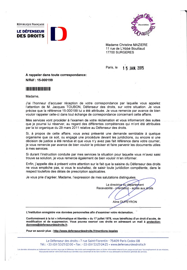 christine maziere 15 janv 2015 reponse defendeur des droits