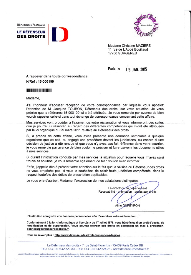 christine maziere 15 janv 2015 reponse defendeur des droits